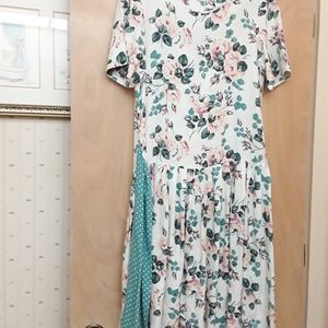 Vintage White floral pleated cottagecore polkadot dress M